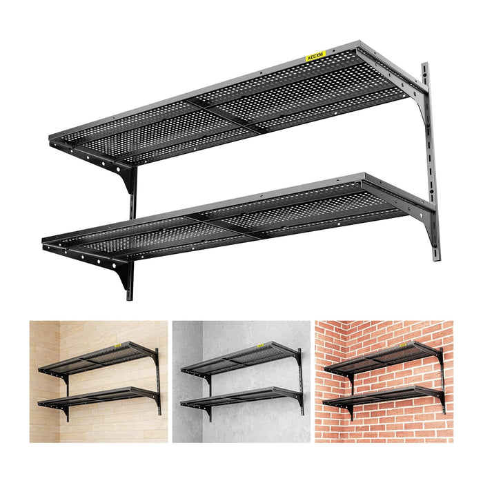 Aecxm 1pack×2 Tier 1.3x4ft Garage Shelving Wall Mounted, 260lbs Load Capacity，15.6x48inch per Shelf Height Cassette Adjustable Floating Shelves, Black