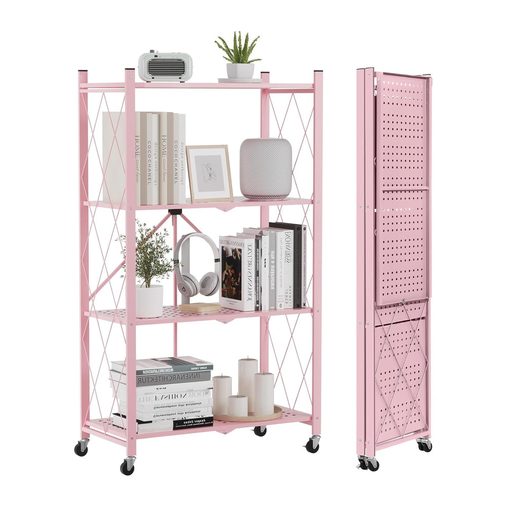 ALANNG 4 Tier Folding Storage Shelf on Wheels,Heavy Duty Metal Rolling Cart