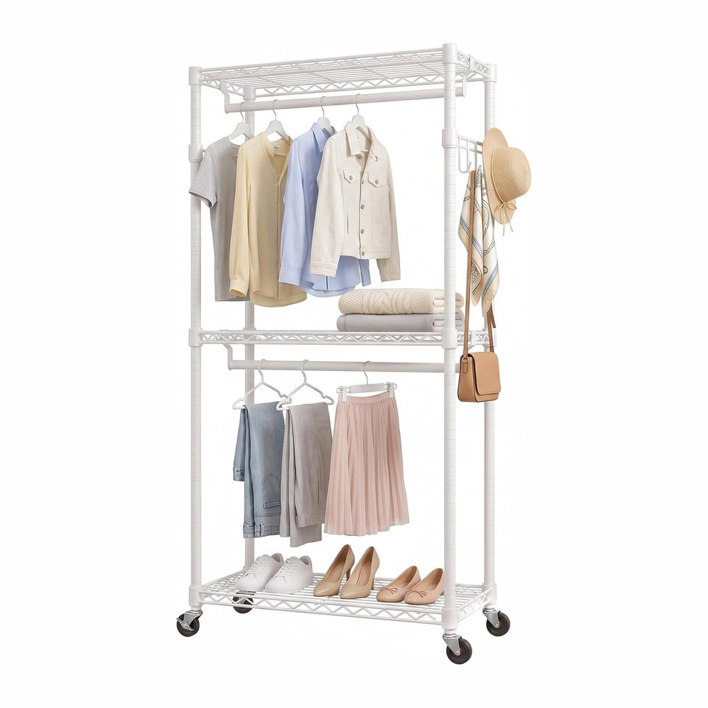 Alpen Double Hanging Rrods Clothes Rack wih Wheels, Easy to Assemble, White
