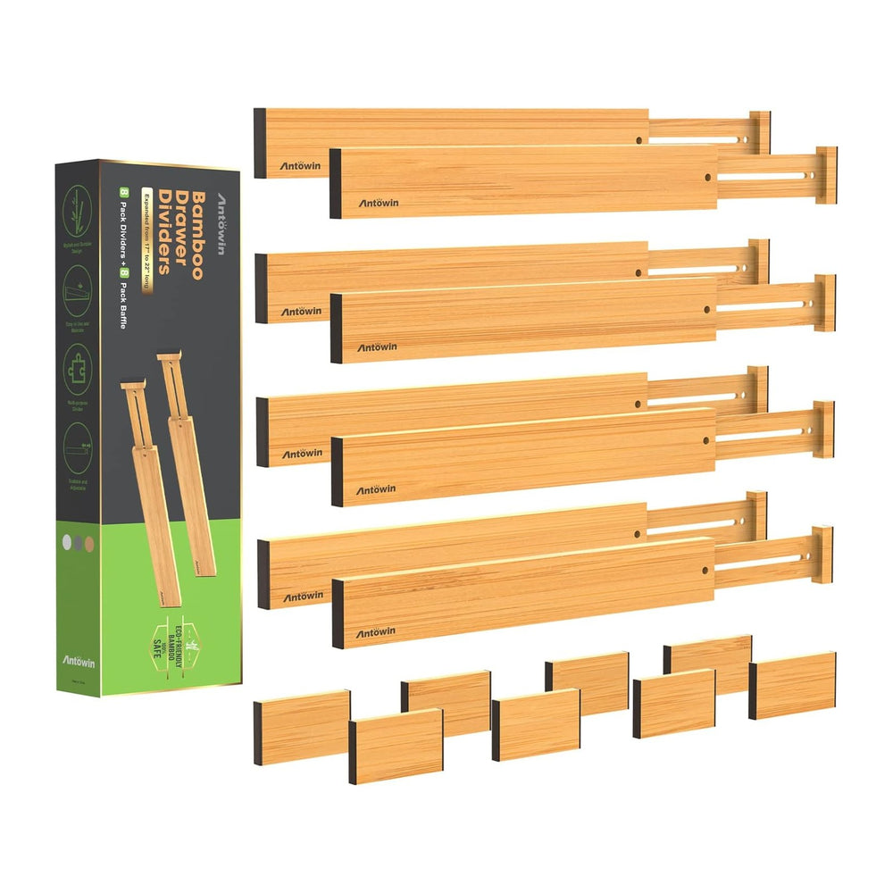 ANTOWIN Bamboo Drawer Dividers Organizers 16pcs, Expandable Drawer Separators...