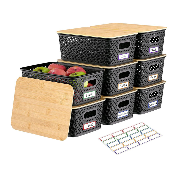 Anysig 8 Pack Plastic Storage Bins with Bamboo Lids, 5.2 QT Stackable Bins