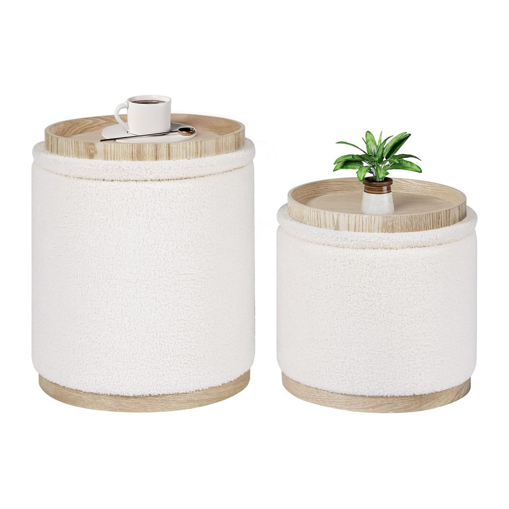 B FSOBEIIALEO 15" Boucle Storage Ottoman with Tray, Cream White, Set of 2