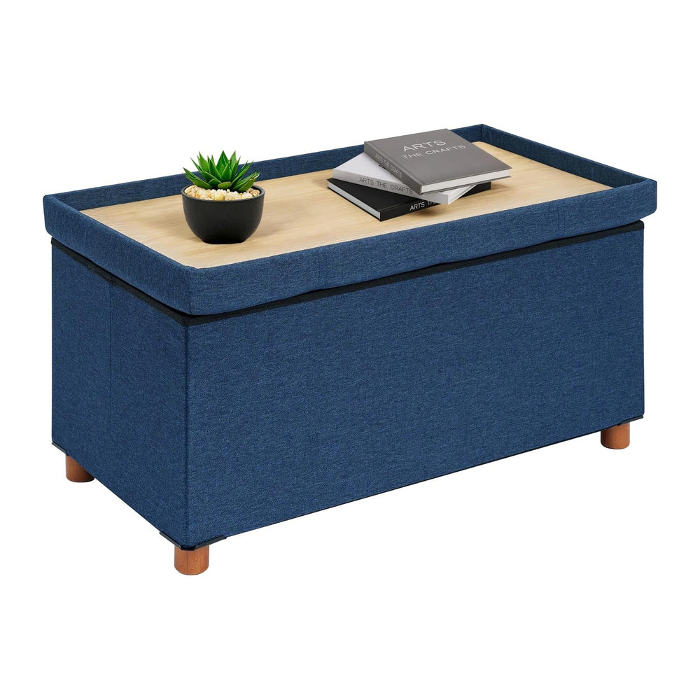 B FSOBEIIALEO 30" Folding Storage Ottoman with Tray, Wood Legs, Linen Blue