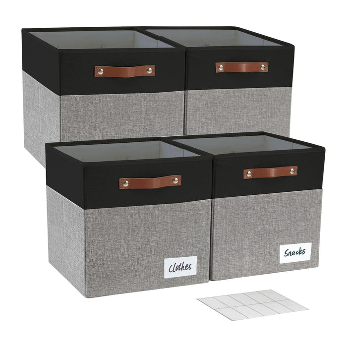 Bagnizer 13x15x13 Storage Cube Bins, Foldable Storage Organizer Baskets, Fabric Cube Storage Boxes with 2 Reinforced PU Handles for Kallax, Shelves, Living Room | 4 Pack, Black & Gray