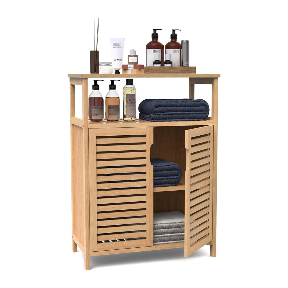 Bamboo Bathroom Storage Cabinet with 2 Doors, Floor Freestanding Cabinet