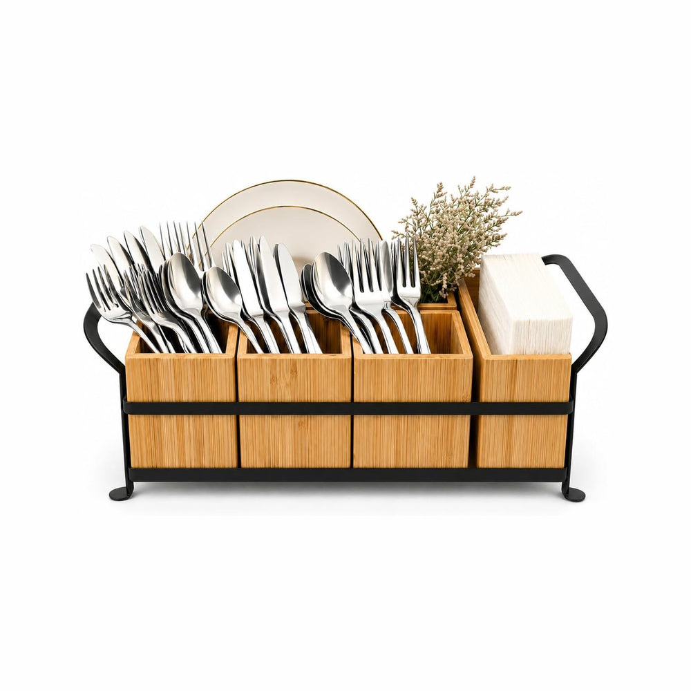 Bamboo Utensil Caddy with Handle - 5 Compartment Silverware Holder for Party ...