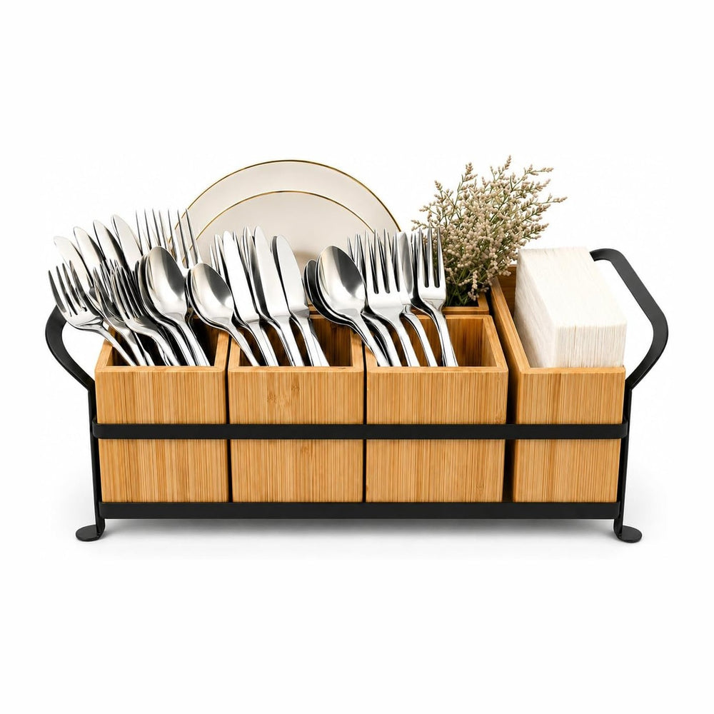 Bamboo Utensil Caddy with Handle - 5 Compartment Silverware Holder for Party ...