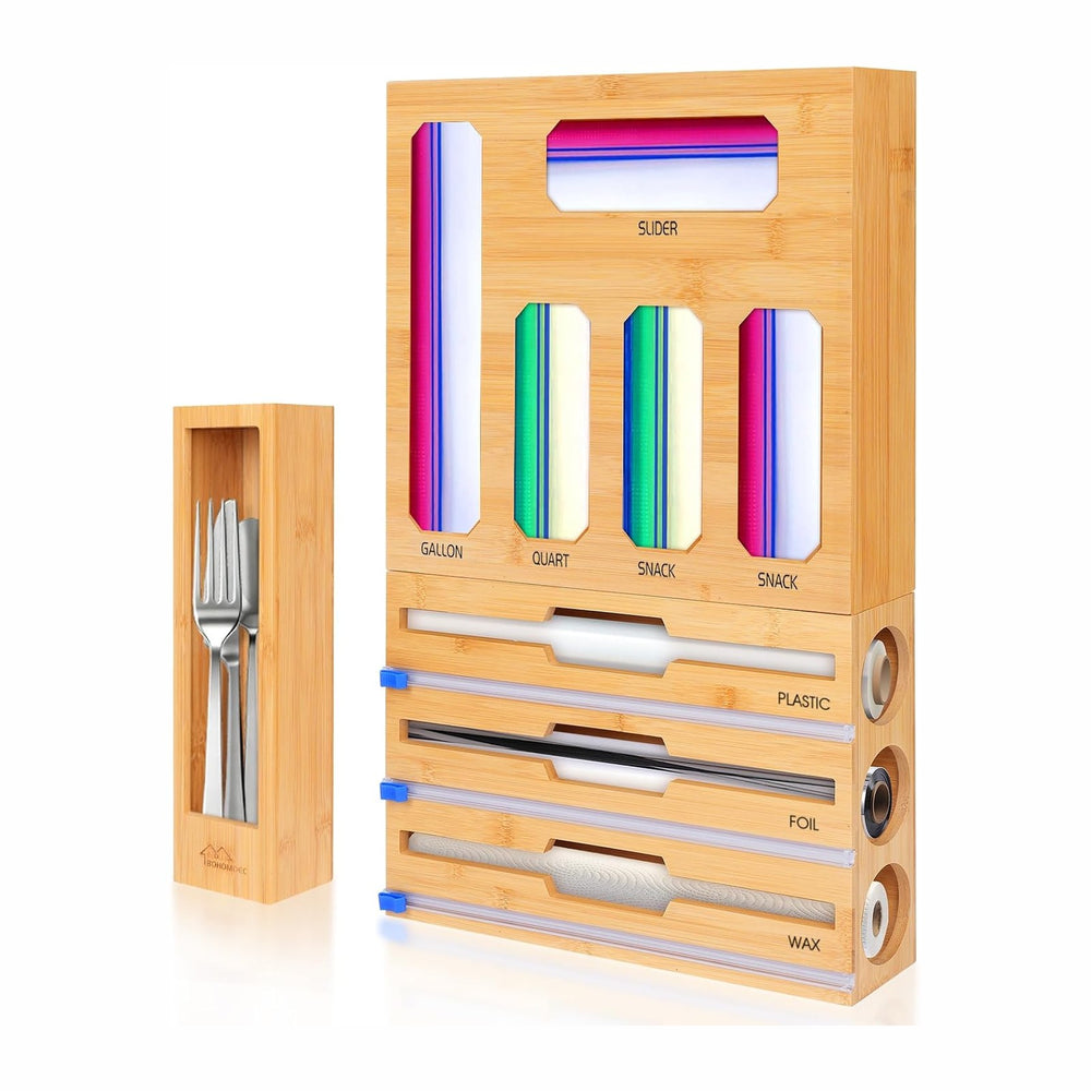 Bamboo Ziplock Bag Organizer for Kitchen Drawer & Wall Mount, Food Storag...