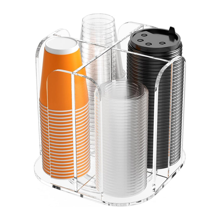 Beego Rotatable 4-Compartment Acrylic Cup Dispenser - Coffee Station Cup and Lid Carousel Countertop Plastic Cup Holder for Restaurant Breakroom Coffee Bar