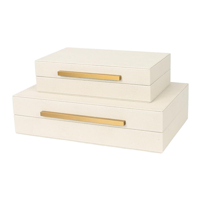 Beige Shagreen Decorative Storage Boxes – Set of 2 Faux Leather Jewelry & Memory Boxes with Gold Metal Handles, Nesting Photo Organizers for Home Decor, Gift, and Office Organization