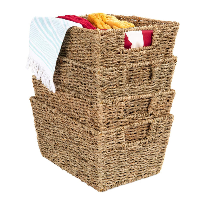 Best Choice Products Rustic Set Of 4 Multipurpose Stackable Seagrass Storage Basket, Handwoven Laundry Organizer Totes for Bedroom and Living Room, Shelves, Pantry w/Insert Handles - Natural