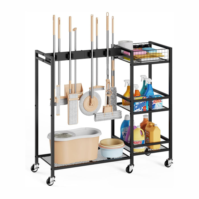 Broom Holder with Cleaning Supplies Organizer, Movable Broom Closet Storage