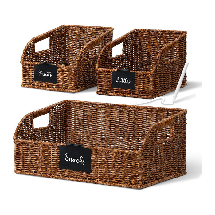 Brownlily Faux Wicker Pantry Storage Baskets, Brown-Single Set (3-Piece)