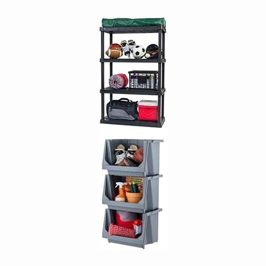 Bundle of IRIS USA 4-Shelf Heavy Duty Plastic Storage Shelves, Black + IRIS U...