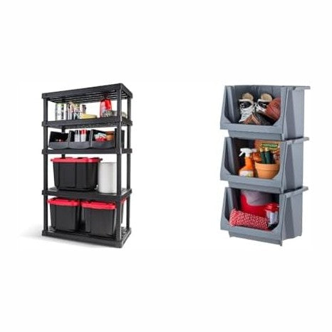 Bundle of IRIS USA 5-Shelf Heavy Duty Plastic Storage Shelves, Black + IRIS USA Stackable Storage Bins Open Front, Medium - 3 Pack, Gray