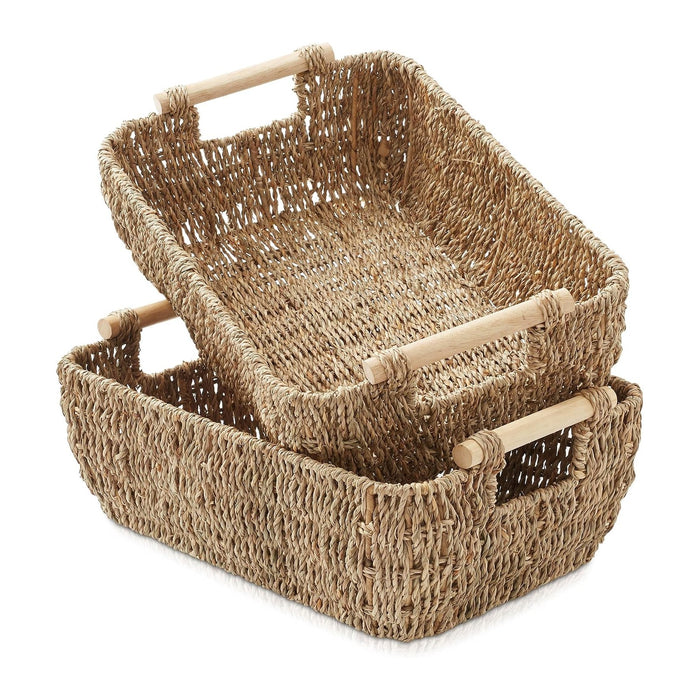 Casafield Set of 2 Seagrass Oval Storage Baskets with Wooden Handles - Large, Woven Bin Organizers
