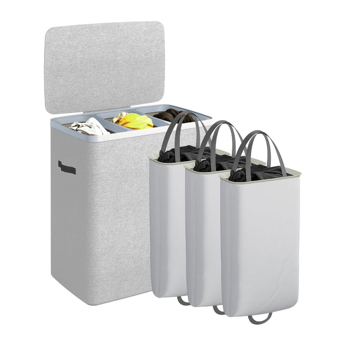 CASAMAYA Laundry Basket with Lid, Laundry Hamper 3 Section, 190L collapsible Laundry Organizer, Easy Assembly, with Handles and Removable Liners, 25.2 x 15.7 x 29.5 Inches, Gray JSP904G