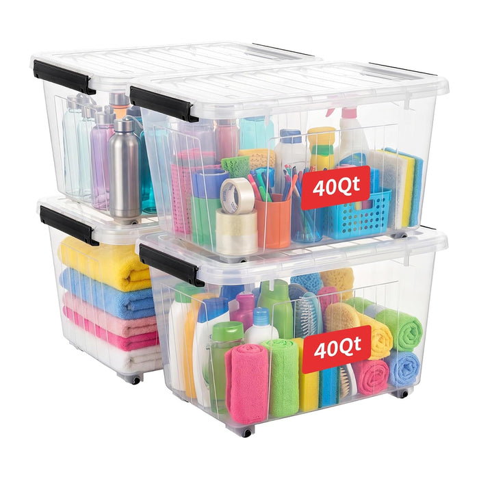 Cetomo 40Qt Plastic Storage Bin with Wheels, Stackable Storage Box with Lid, Organizer, Container for Home, Office, Drom, PP, BPA-Free, Nestable, Clear, 40Quart-4 Pack