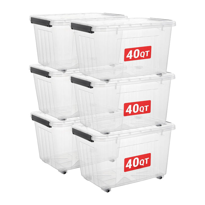Cetomo Plastic Storage Bins, Lidded Storage Box with Wheels for Home Office Dorm, Wheeled, Stackable, Clear, 40Quart-6 Pack