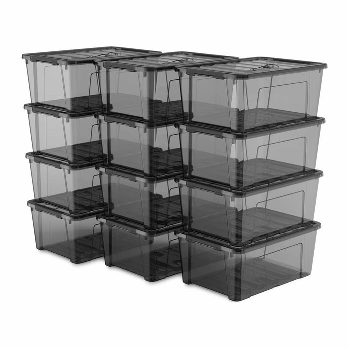 Clear Black Storage Bins with Lids, 12 Pack Plastic Containers with Carry Handles, 5 Qt Stackable Organizer Boxes with Latching Locks for Organizing Items