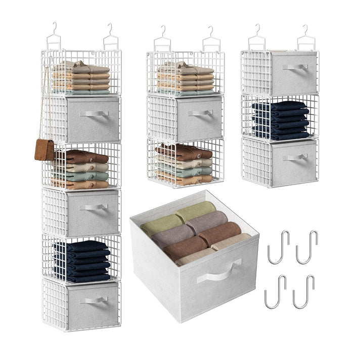 Closet Hanging Organizer with Drawers, 6 Tier Metal Closet Organizers and Storage with 4 Hanging Hooks 4 S-Hooks for Wardrobe Laundry Room, Wire Storage Shelf for Clothes Sweaters Pants (White)