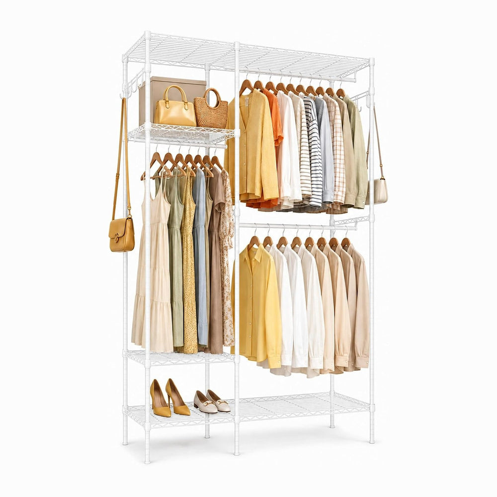 Clothes Rack with Adjustable Wire Shelves & Hanging Rods, White