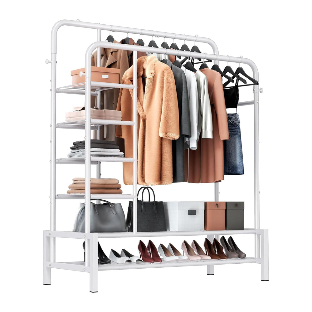 Clothes Rack with Shelves, Double Rods Clothing Rack for Bedroom, White