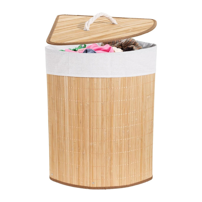 Corner Laundry Hamper with Lid, Foldable Triangle Clothes Hamper, Natural Wood Weave Laundry Basket Bin for Bedroom Bathroom Laundry Room, 25 x 18 in