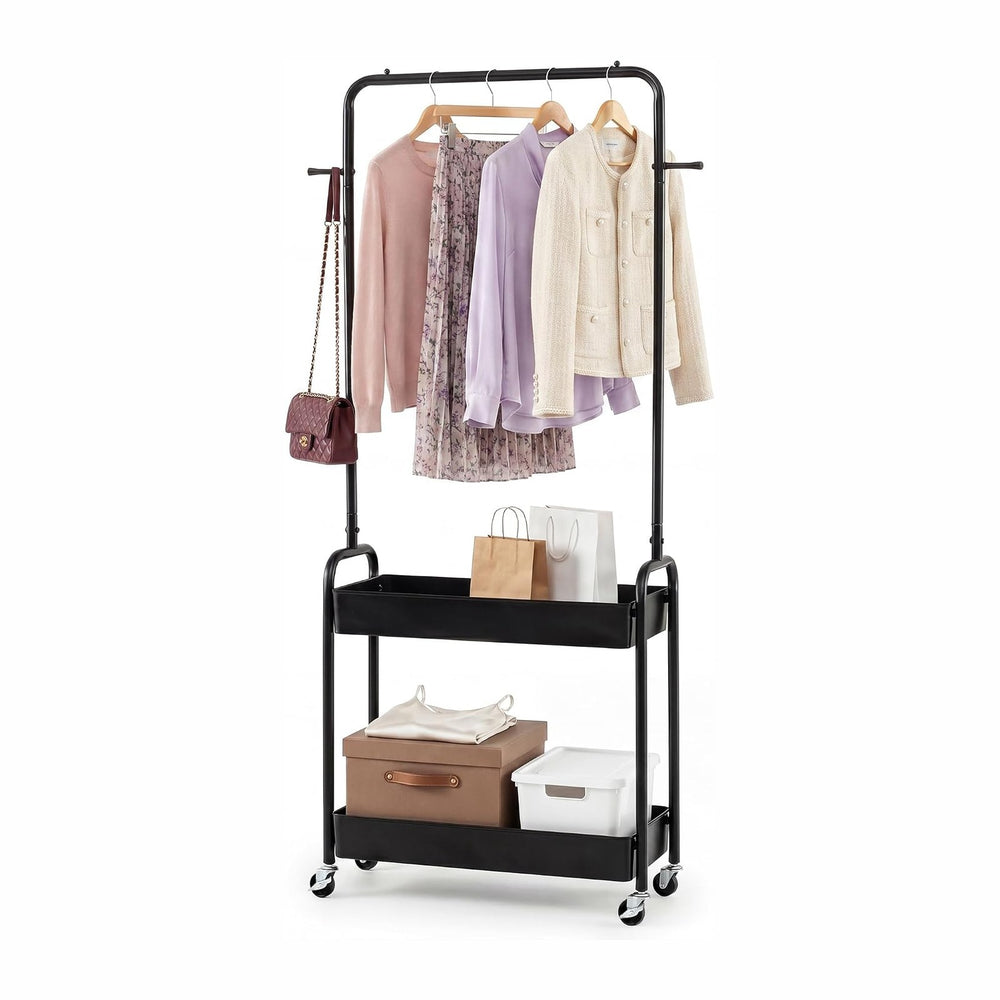 COSTWAY 3 in 1 Rolling Metal Clothes Rack with 2 Baskets & Hooks (Black)