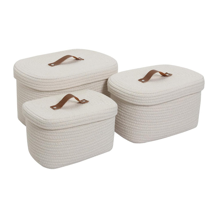 Cottonphant Set of 3 Nesting Woven Storage Baskets with Lids, Cotton Rope Decorative Basket Set for Shelf Closet Living Room Organizing, Rectangular Off White