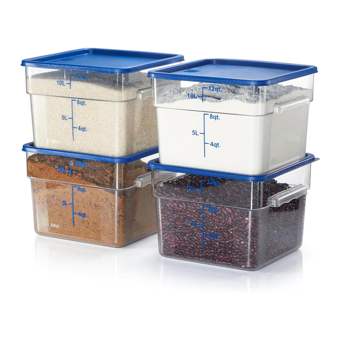 CURTA 4 Pack Food Storage Containers with Blue Lids - NSF Listed Commercial Grade in 12.0 Qt - Square, Clear, Polycarbonate