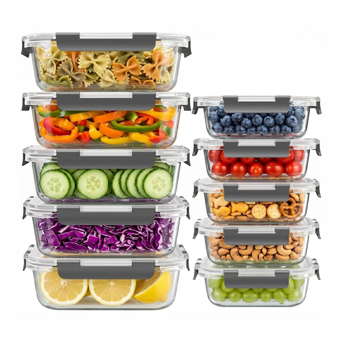 Dealusy 10 Sets 36 oz & 12 oz Glass Food Storage Containers with lids, Gray