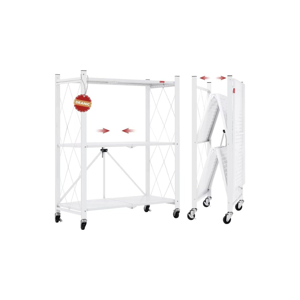 DEANIC 3 Tier Foldable Storage Shelves with Wheels, Kitchen Appliance Stand, ...