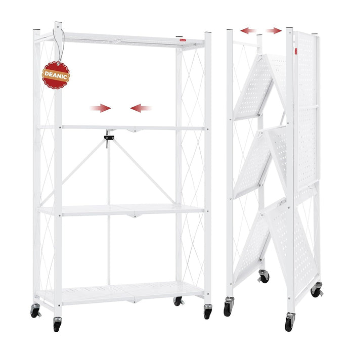 DEANIC 4 Tier Foldable Storage Shelves with Wheels, Large Capacity Shelving Unit, Freestanding Metal Wire Shelf Rack, No Assembly Organizer Rack for Garage Kitchen, Basement, Pantry(White)