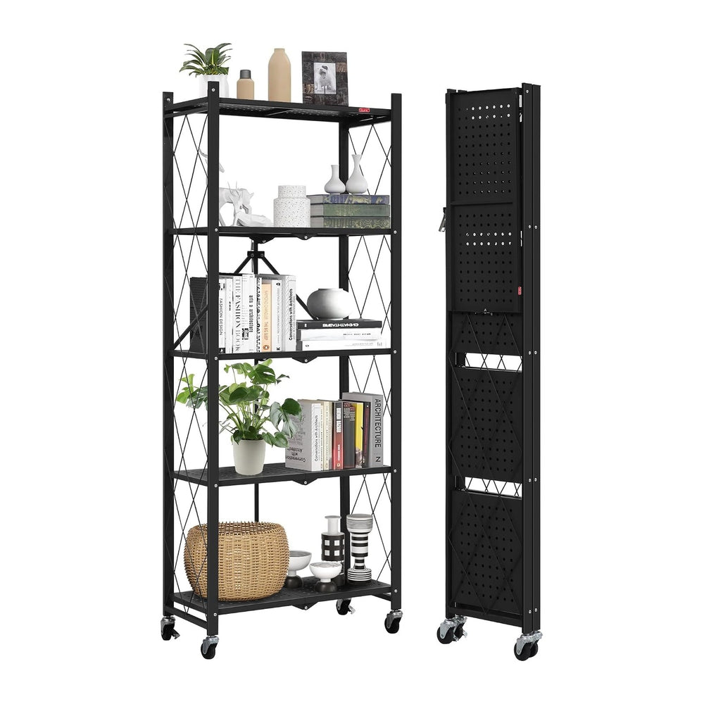 DEANIC 5-Shelf Folding Bookcase with Wheels, Rolling Bookshelf Heavy Duty Sto...