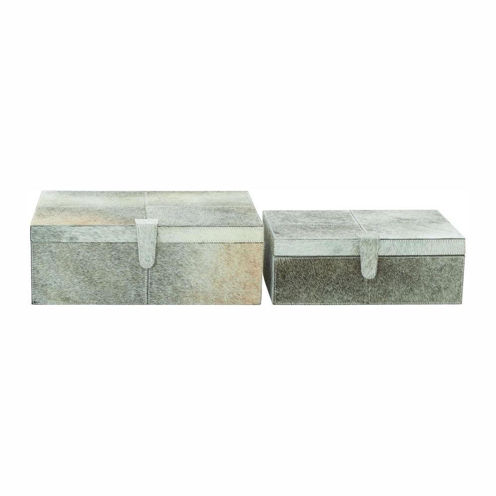 Deco 79 Leather Handmade Box with Hinged Lid, Set of 2 17", 14"W, Gray