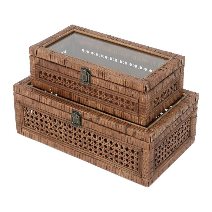DECOR4SEASON Set of 2 Rattan and Cane Stacking Boxes,Brown,12"&14"