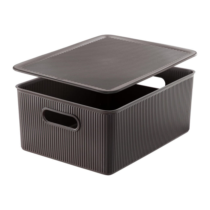Decorative Plastic Basket Lidded Home Storage Bins Organizer Baskets, Large Brown (1 Pack - 15 Liter) Stackable Container Box, for Organizing Closet Storage Bins for Shelves - Ribbed Collection