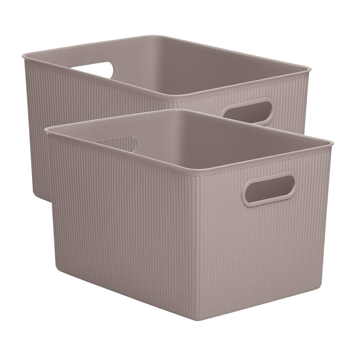 Decorative Plastic Basket Open Home Storage Bins Organizer, X-Large Taupe (2 Pack) Container Boxes for Organizing Closet Storage Bins for Shelves Drawer Shelf - Ribbed Collection 22 Liter/23 Quart