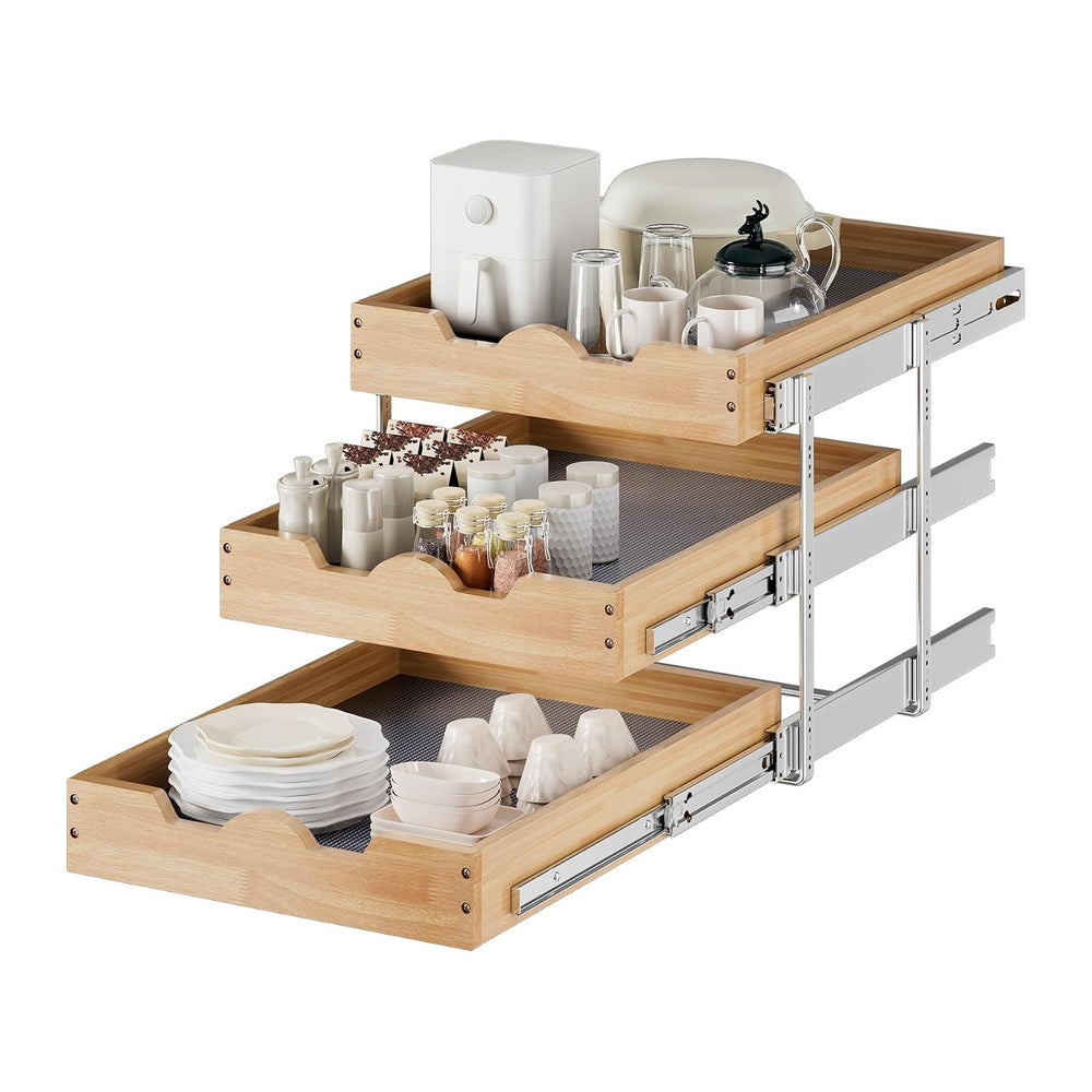 DINDON 3 Tier Pull Out Cabinet Organizer 17”W X21”D Slide Out Shelves With Sh...