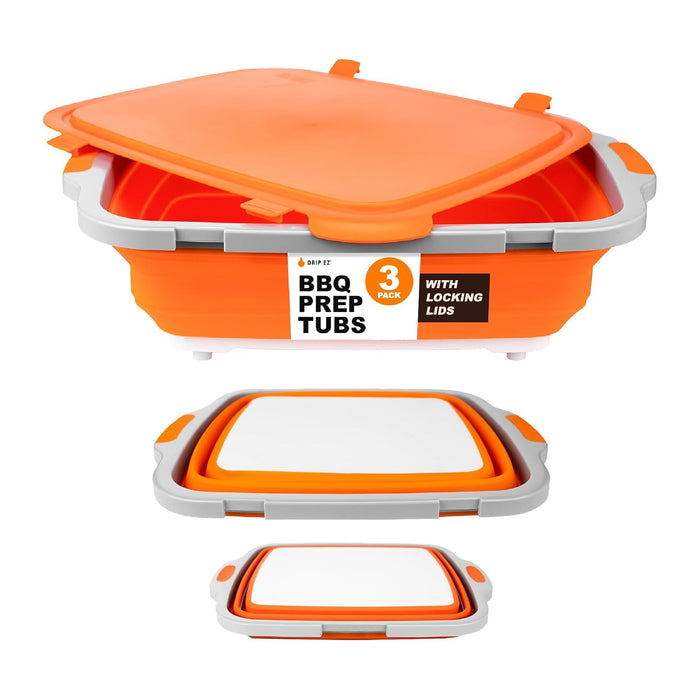 Drip EZ Collapsible BBQ Prep Tubs 3-Piece Set- For Meal Prep Marinating Food Storage - Includes Cutting Board & Lid - (1) JR + (1) OG + (1) XL - Orange