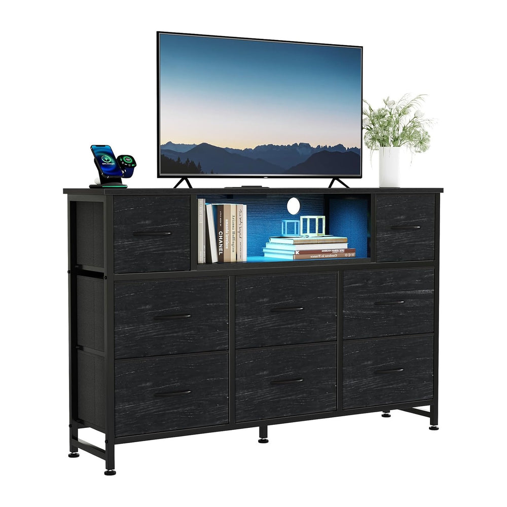 DUMOS LED Entertainment Center, TV Stand Dresser with Charging Station