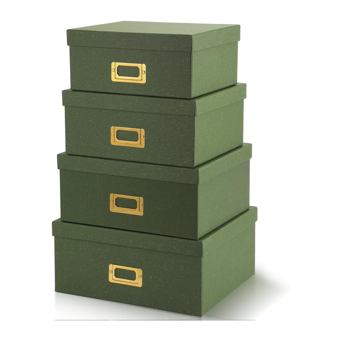 Eaasty Set of 4 Decorative Storage Boxes with Lids, Kraft Paper Boxes with Gold Label Holders, Decorative Photo Memory Keepsakes Storage, Cardboard Organizers for Home Decor, Office Organizing (Green)