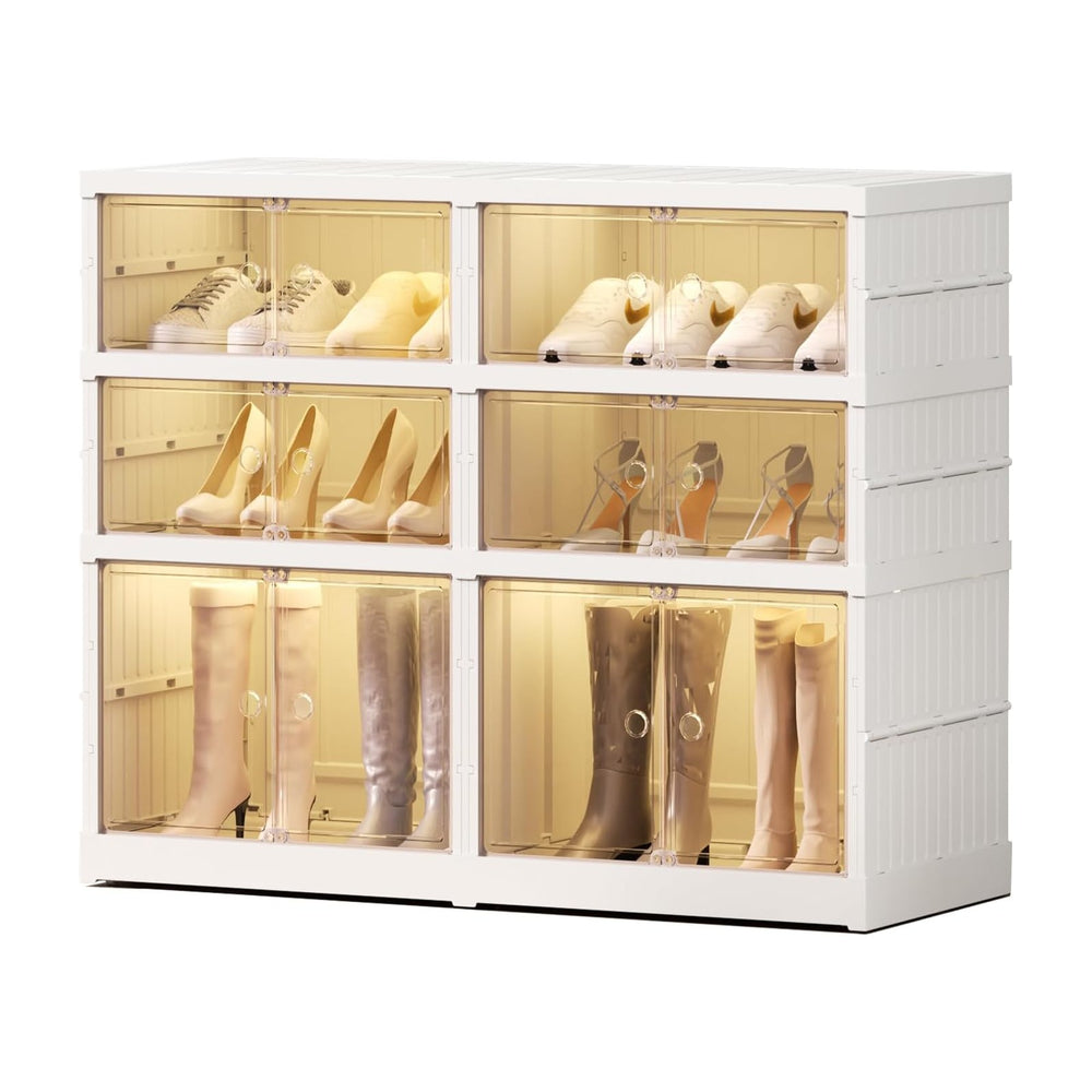 EHAMILY 3-Tier Foldable Shoe Rack Organizer, Magnetic Doors, 12 Pairs,White