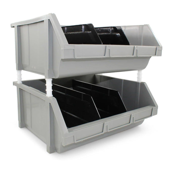 Extra Large Stackable Storage Bins 2 Pack – 16.5" x 14.5" x 6.9" Heavy Duty Organizer, Hangable & Side-Connect Design for Garage, Tools, Parts, Warehouse & Home Storage (GREY, XTRA LARGE)