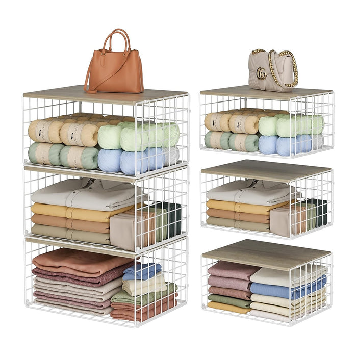 Extra-Long, Low-Profile Closet Organizers and Storage with Wood Top, 3 Pack Stackable Closet Shelf Organizer, Space-Saving Clothes Storage Bin for Wardrobe & Bedroom & Small Spaces, Sturdy White