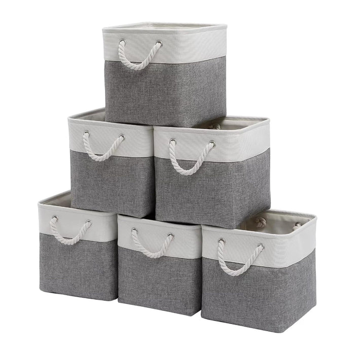 Fabric Storage Cubes 13 x 13, Collapsible Storage Bins for Shelf Baskets, Cube Storage Organizer White Gray Bins with Cotton Handles, Foldable Storage Bin box, Cube Storage Bin 6 Pack