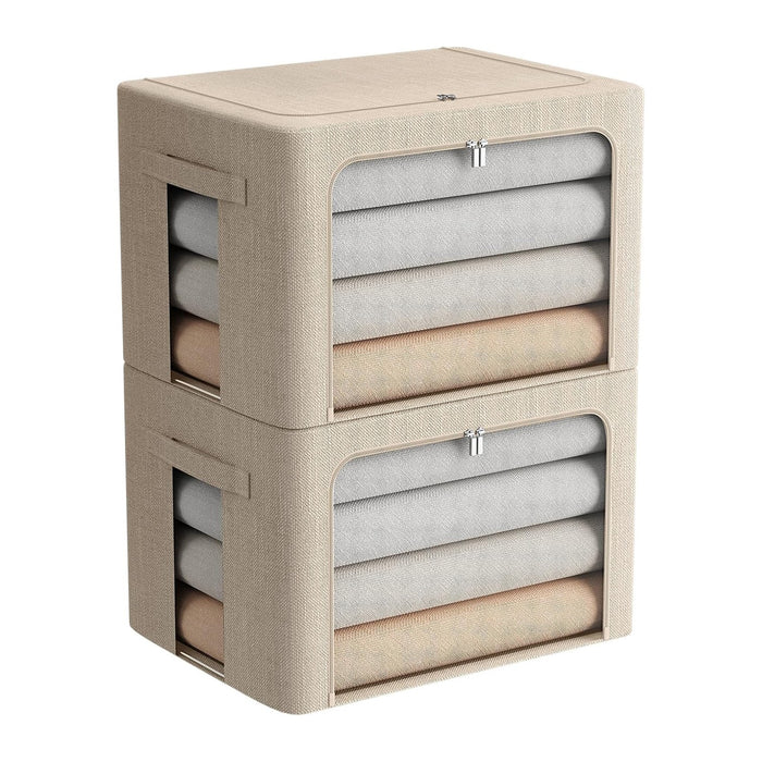 FHSQX 2 Pack Clear Window Storage Bins - Large Stackable Linen Fabric Storage for Clothes Foldable Container Organizer Set with Carrying Handles (Beige, 19.7x 15.7x 12.6 Inch)