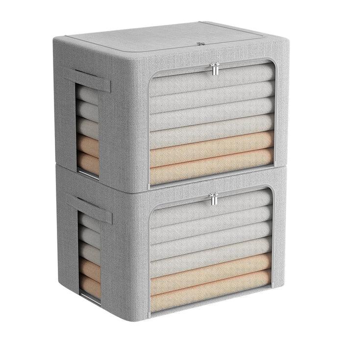 FHSQX 2 Pack Clear Window Storage Bins - Large Stackable Linen Fabric Storage for Clothes Foldable Container Organizer Set with Carrying Handles (Light Gray, 23.6x 16.5x 15.7 Inch)