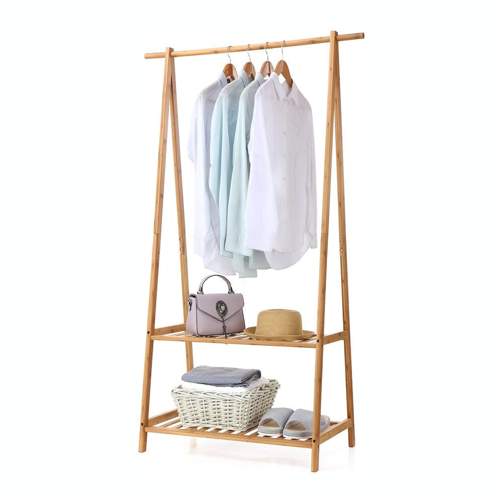 Finnhomy Bamboo Clothes Rack Portable Extra Large Garment Rack 2-Tire Storage...